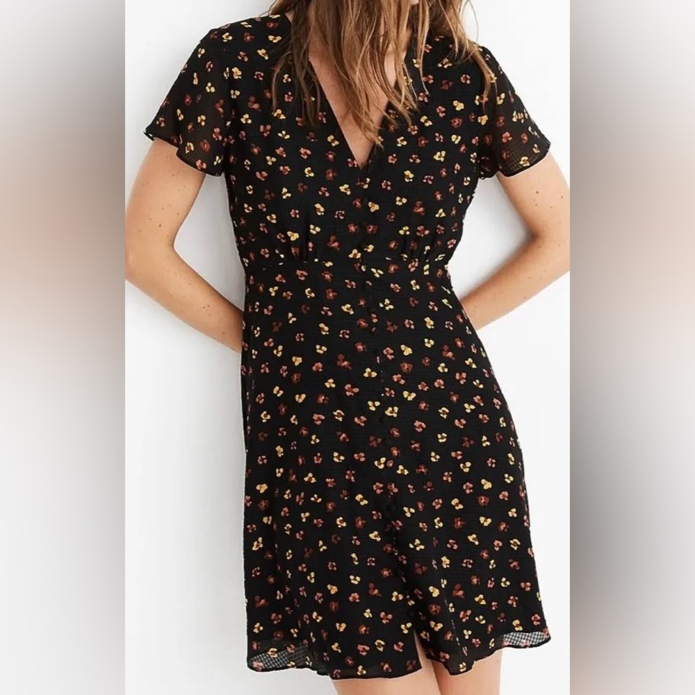 Madewell Black mini Dress with Orange and Yellow Floral Pattern